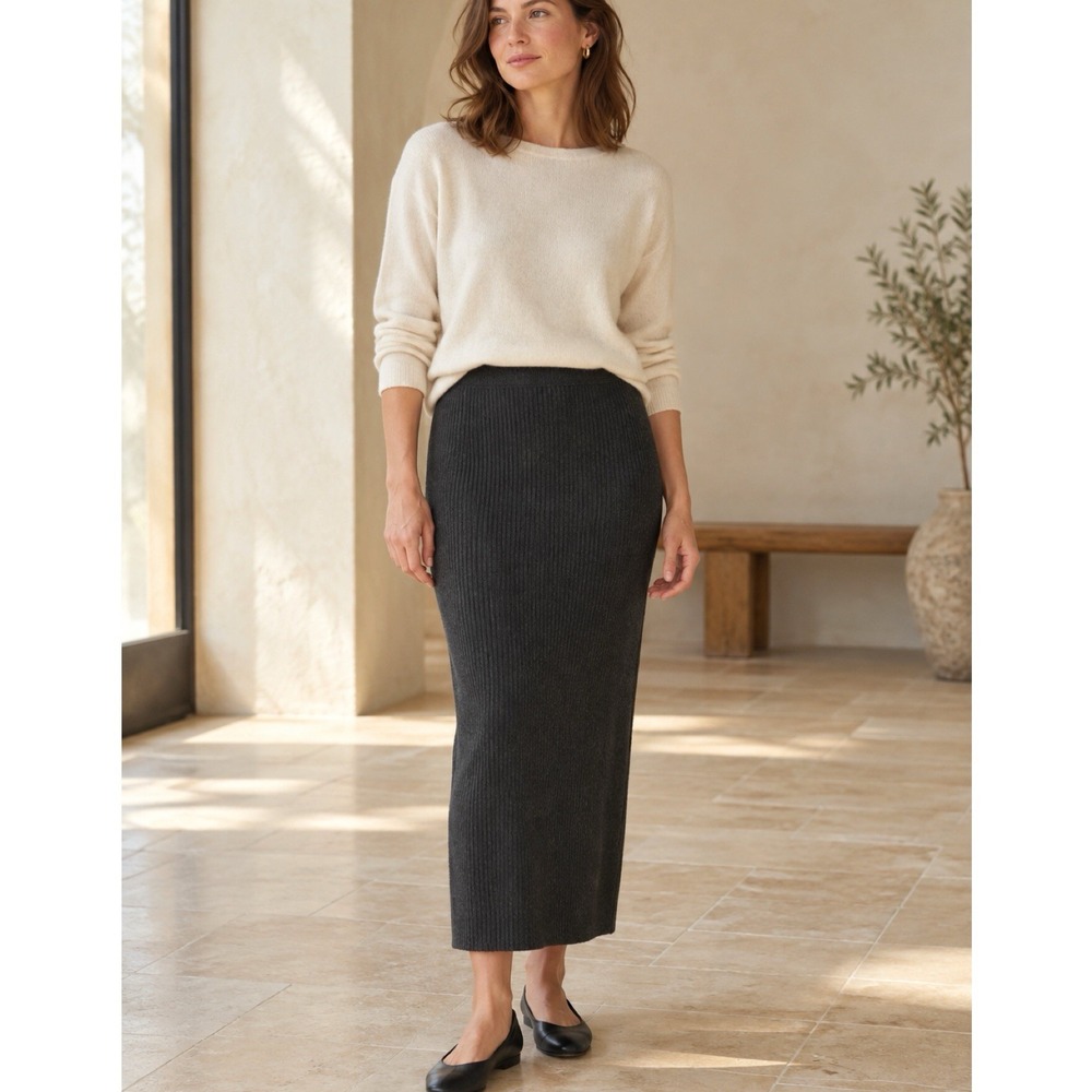 Eileen Fisher Wool Rib Knit Skirt Pencil Midi Sweater L Gray Minimalist Luxury